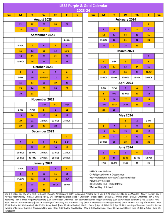 Purple and Gold Calendar Lake Braddock Secondary School
